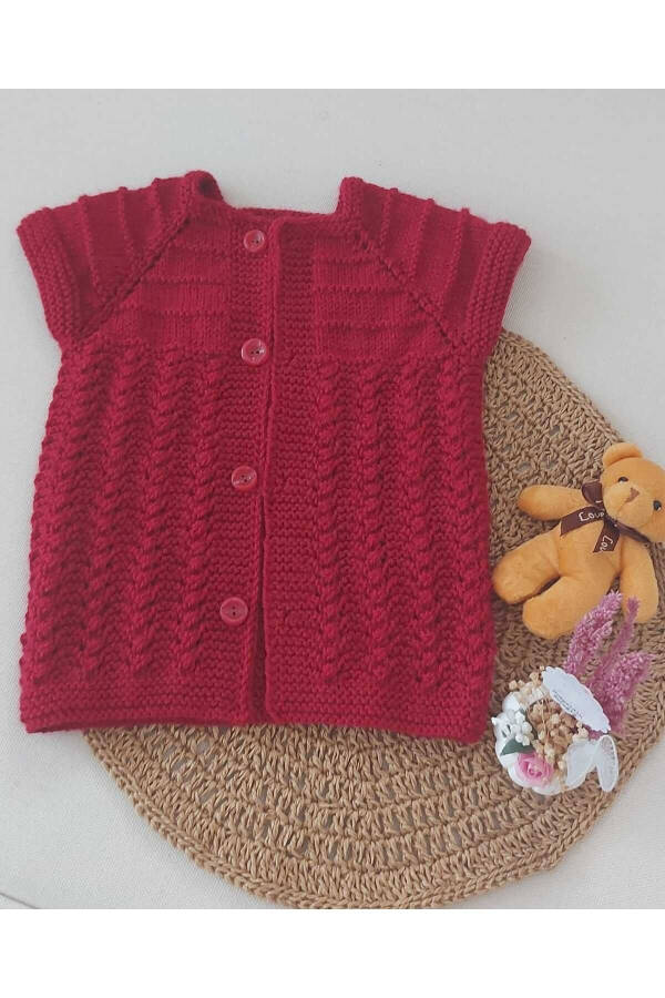 Red newborn baby hand knitted cotton vest, buttoned birth moment, 0-12 months - 1