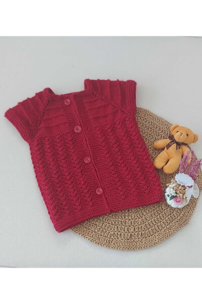 Red newborn baby hand knitted cotton vest, buttoned birth moment, 0-12 months - 2