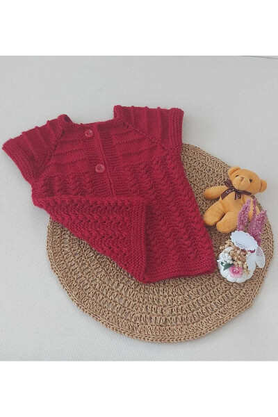 Red newborn baby hand knitted cotton vest, buttoned birth moment, 0-12 months - 3