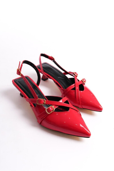 Red Patent Leather 3 cm Heeled Shoes with Strap Buckle Detail Pointed Toe - 4