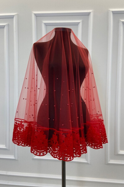 Red Pearl Flock Print Sequined Bridal Veil Set - 3