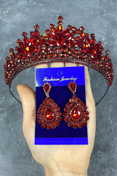 Red Pera Bridal Henna Crown and Drop Dress Earrings - 10