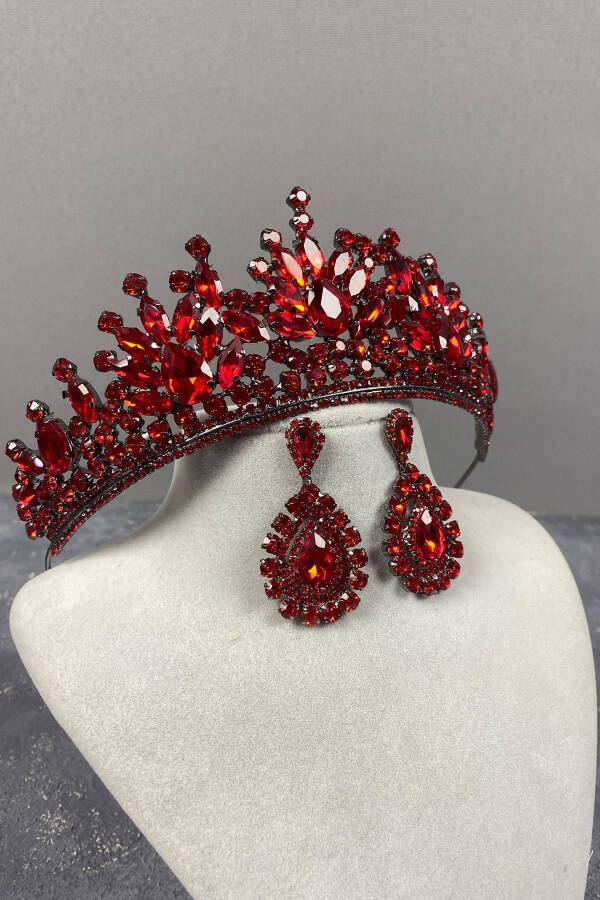 Red Pera Bridal Henna Crown and Drop Dress Earrings - 12