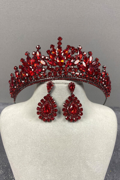 Red Pera Bridal Henna Crown and Drop Dress Earrings - 5