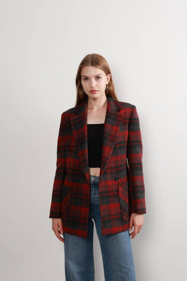 Red Plaid Double-Breasted Jacket - 1