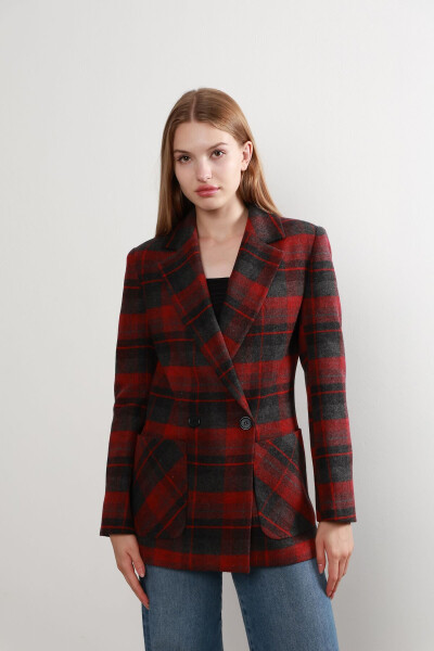 Red Plaid Double-Breasted Jacket - 2