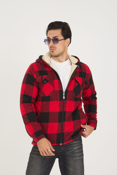 Red plaid, fleece-lined, hooded, oversized lumberjack jacket. - 1