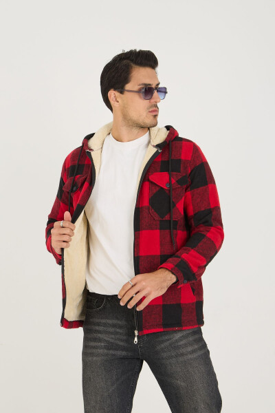 Red plaid, fleece-lined, hooded, oversized lumberjack jacket. - 2