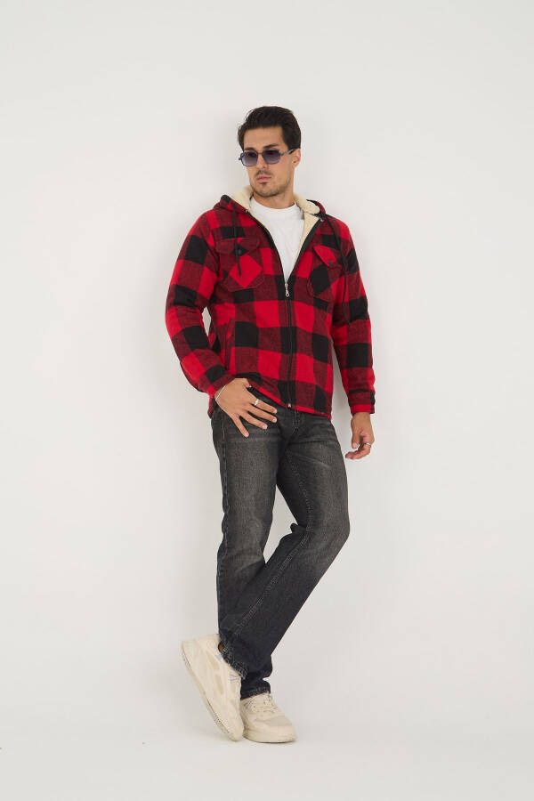 Red plaid, fleece-lined, hooded, oversized lumberjack jacket. - 3