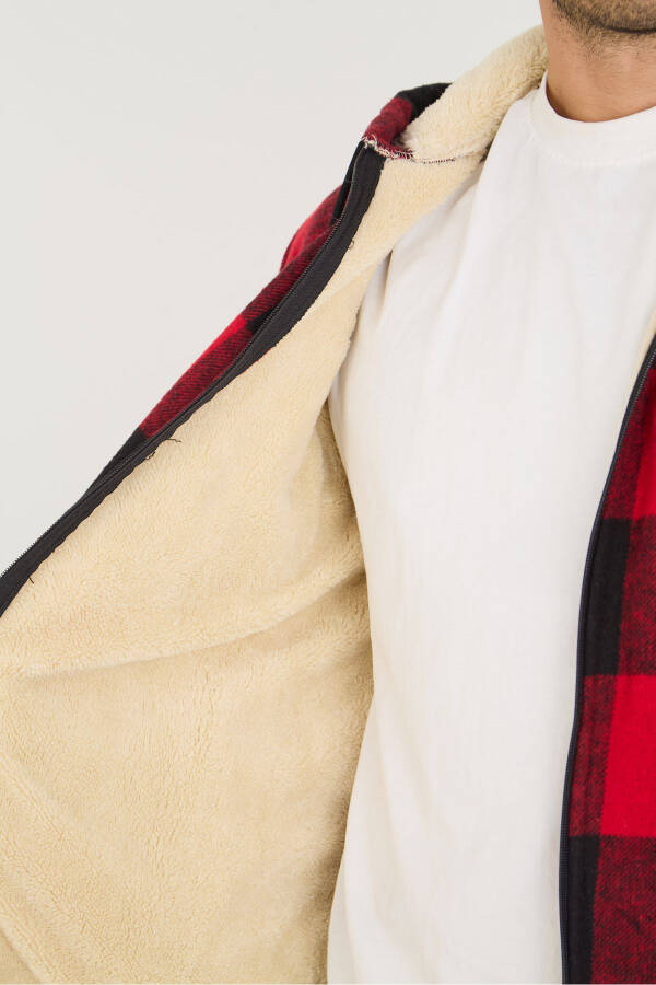 Red plaid, fleece-lined, hooded, oversized lumberjack jacket. - 4