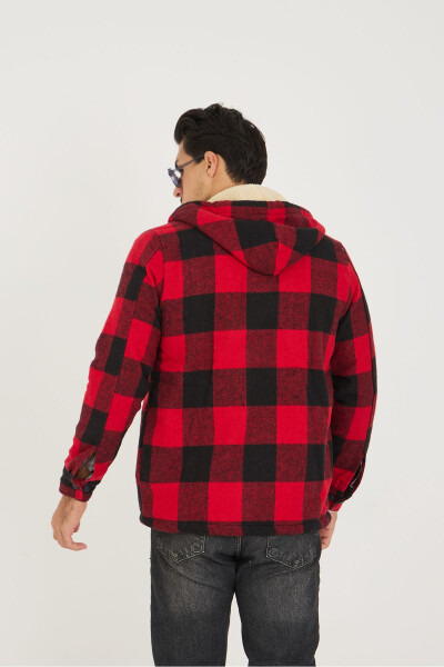 Red plaid, fleece-lined, hooded, oversized lumberjack jacket. - 5