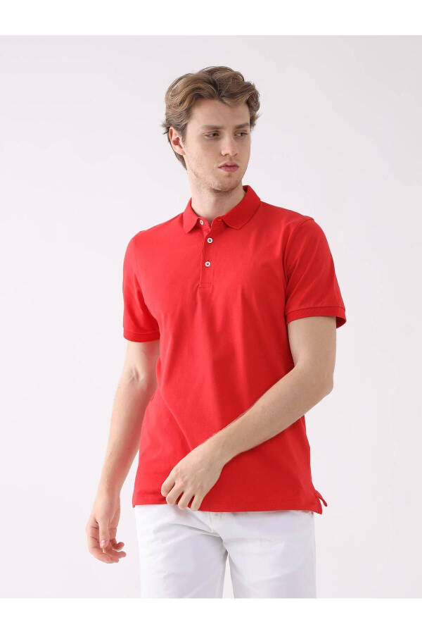 Red Slim Fit Plain Polo Collar Tshirt - 2