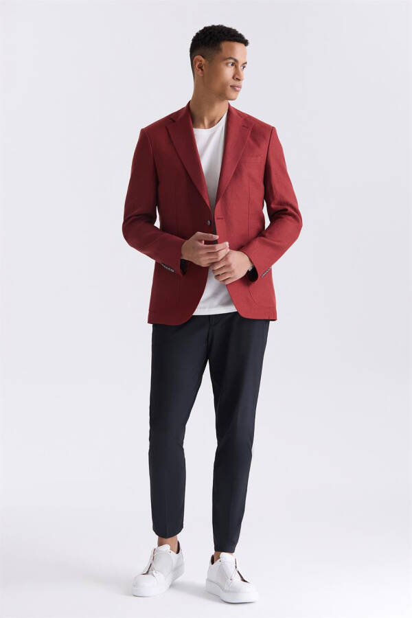 Red Slim Fit Single-Breasted Linen Sport Jacket - 2