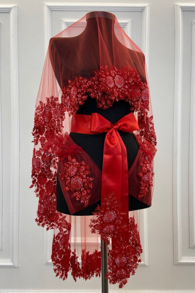 Red VIP Bridal Veil Set, Henna Veil Cover Set - 4