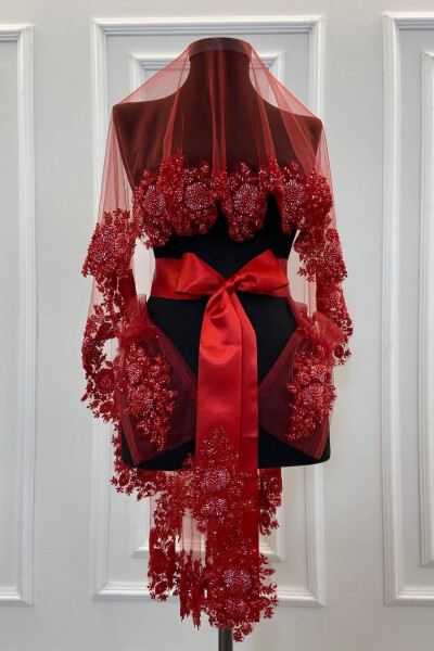 Red VIP Bridal Veil Set, Henna Veil Cover Set - 5