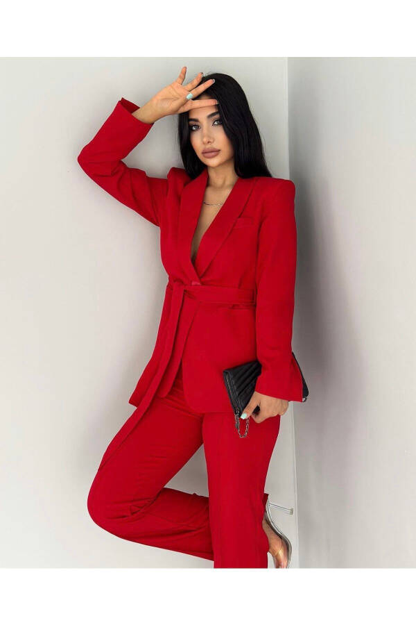 Red Women's Belted Jacket and Pants Suit - 1