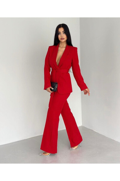 Red Women's Belted Jacket and Pants Suit - 2