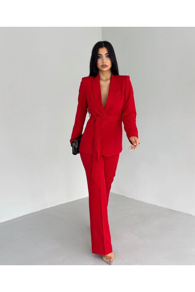 Red Women's Belted Jacket and Pants Suit - 3