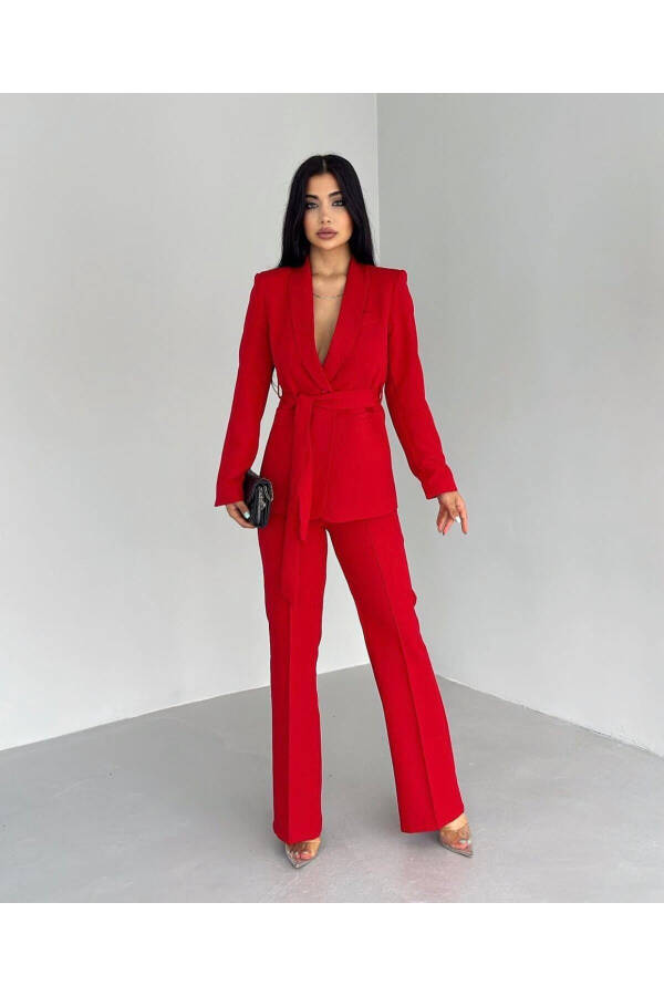 Red Women's Belted Jacket and Pants Suit - 4