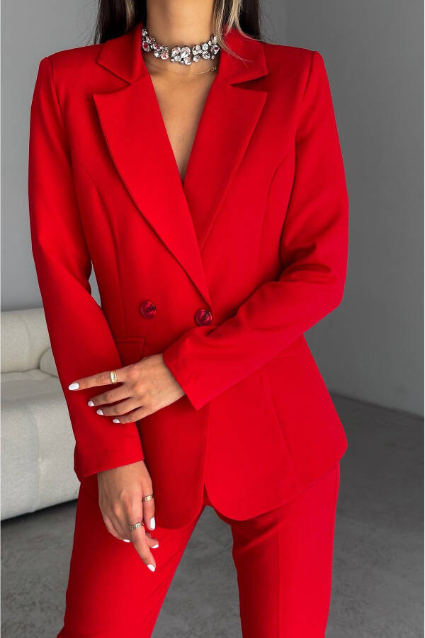 Red Wrap Blazer Jacket Carrot Pants Suit Dress - 2