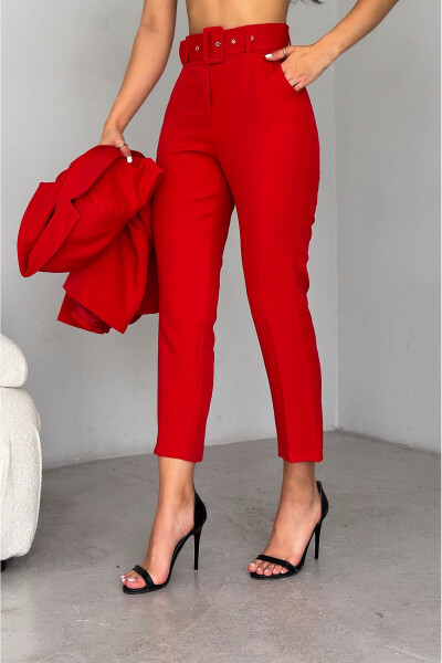 Red Wrap Blazer Jacket Carrot Pants Suit Dress - 4