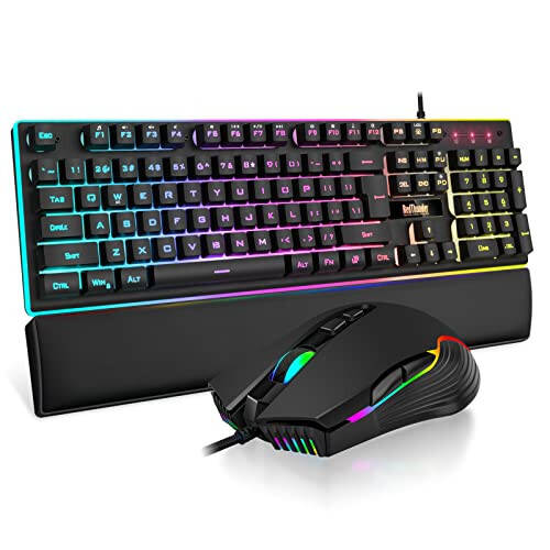 RedThunder K10 Wired Gaming Keyboard and Mouse and Wrist Rest Combo, RGB Backlit, Mechanical Feel Anti-ghosting Keyboard + 7D 7200 DPI Mice+Soft Leather Wrist Rest 3 in 1 PC Gamer Accessories(Black) - 1