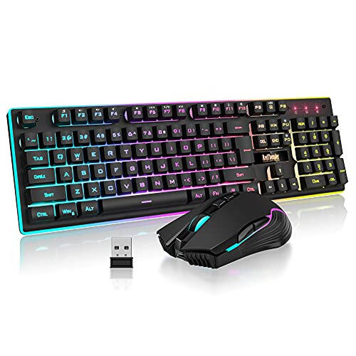 RedThunder K10 Wireless Gaming Keyboard and Mouse Combo, LED Backlit Rechargeable 3800mAh Battery, Mechanical Feel Anti-ghosting Keyboard + 7D 3200DPI Mice for PC Gamer (Black) - 1