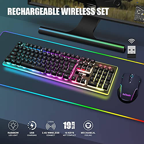 RedThunder K10 Wireless Gaming Keyboard and Mouse Combo, LED Backlit Rechargeable 3800mAh Battery, Mechanical Feel Anti-ghosting Keyboard + 7D 3200DPI Mice for PC Gamer (Black) - 2