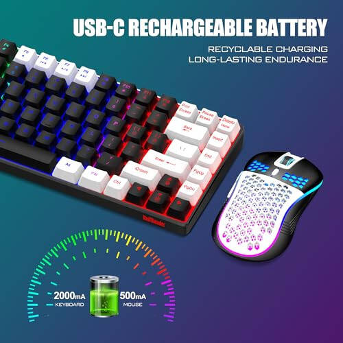 RedThunder K84 Kablosuz Klavye ve Fare Kombosu, Gökkuşağı Arka Aydınlatmalı Şarj Edilebilir Pil, %75 Düzen TKL Ultra Kompakt Oyun Klavyesi & Hafif 3200 DPI Bal Peteği Optik Fare (Siyah-Beyaz) - 5