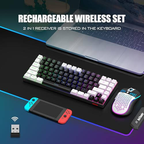 RedThunder K84 Wireless Keyboard and Mouse Combo, Rainbow Backlit Rechargeable Battery, 75% Layout TKL Ultra Compact Gaming Keyboard & Lightweight 3200 DPI Honeycomb Optical Mouse (Black-White) - 8