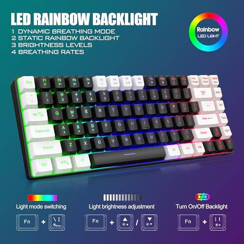 RedThunder K84 Wireless Keyboard and Mouse Combo, Rainbow Backlit Rechargeable Battery, 75% Layout TKL Ultra Compact Gaming Keyboard & Lightweight 3200 DPI Honeycomb Optical Mouse (Black-White) - 9