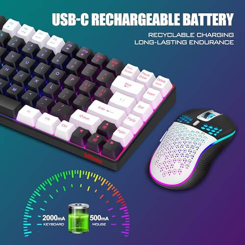 RedThunder K84 Wireless Keyboard and Mouse Combo, Rainbow Backlit Rechargeable Battery, 75% Layout TKL Ultra Compact Gaming Keyboard & Lightweight 3200 DPI Honeycomb Optical Mouse (Black-White) - 11