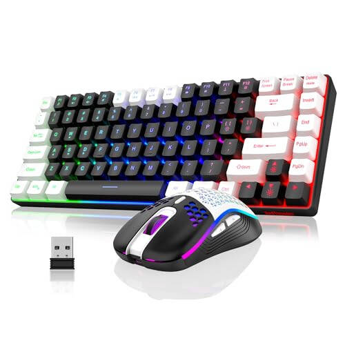 RedThunder K84 Wireless Keyboard and Mouse Combo, Rainbow Backlit Rechargeable Battery, 75% Layout TKL Ultra Compact Gaming Keyboard & Lightweight 3200 DPI Honeycomb Optical Mouse (Black-White) - 1