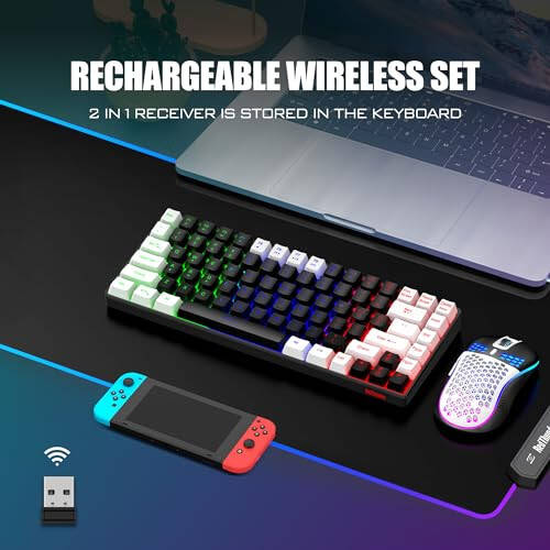 RedThunder K84 Wireless Keyboard and Mouse Combo, Rainbow Backlit Rechargeable Battery, 75% Layout TKL Ultra Compact Gaming Keyboard & Lightweight 3200 DPI Honeycomb Optical Mouse (Black-White) - 2