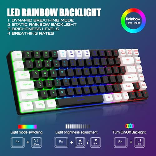 RedThunder K84 Wireless Keyboard and Mouse Combo, Rainbow Backlit Rechargeable Battery, 75% Layout TKL Ultra Compact Gaming Keyboard & Lightweight 3200 DPI Honeycomb Optical Mouse (Black-White) - 3