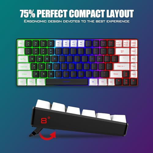 RedThunder K84 Wireless Keyboard and Mouse Combo, Rainbow Backlit Rechargeable Battery, 75% Layout TKL Ultra Compact Gaming Keyboard & Lightweight 3200 DPI Honeycomb Optical Mouse (Black-White) - 6