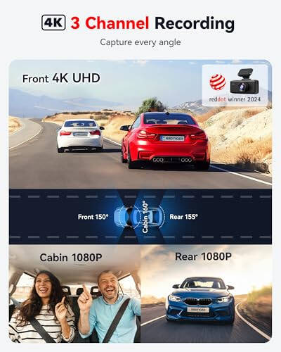 REDTIGER 4K 3 Channel Dash Cam 5G WiFi Built-in GPS with 64GB Card, 2160P+1080P+1080P Front and Rear Inside Loop Recording, Triple Car Camera with 3 Inch Screen, IR Night Vision, WDR, Parking Mode - 1