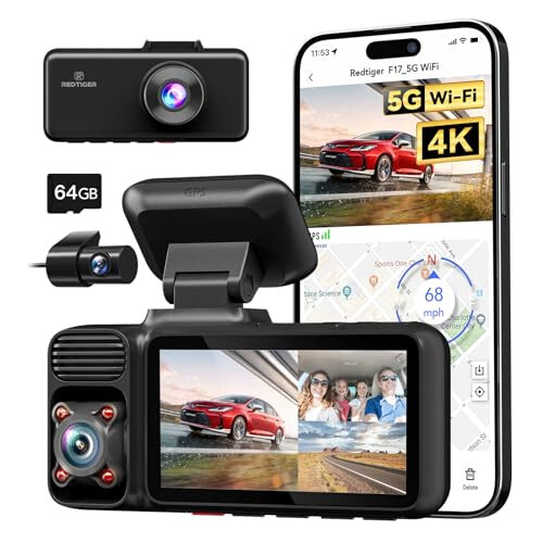 REDTIGER 4K 3 Kanallı Dash Cam 5G WiFi Dahili GPS 64GB Kartlı, 2160P+1080P+1080P Ön ve Arka İç Döngü Kaydı, 3 İnç Ekranlı Üçlü Araba Kamerası, IR Gece Görüşü, WDR, Park Modu - 7