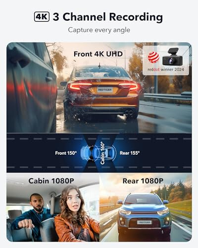 REDTIGER 4K 3 Kanallı Dash Cam 5G WiFi Dahili GPS 64GB Kartlı, 2160P+1080P+1080P Ön ve Arka İç Döngü Kaydı, 3 İnç Ekranlı Üçlü Araba Kamerası, IR Gece Görüşü, WDR, Park Modu - 8