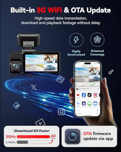 REDTIGER 4K 3 Kanallı Dash Cam 5G WiFi Dahili GPS 64GB Kartlı, 2160P+1080P+1080P Ön ve Arka İç Döngü Kaydı, 3 İnç Ekranlı Üçlü Araba Kamerası, IR Gece Görüşü, WDR, Park Modu - 3