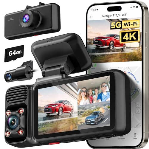 REDTIGER 4K 3 Kanallı Dash Cam 5G WiFi Dahili GPS 64GB Kartlı, 2160P+1080P+1080P Ön ve Arka İç Döngü Kaydı, 3 İnç Ekranlı Üçlü Araba Kamerası, IR Gece Görüşü, WDR, Park Modu - 6