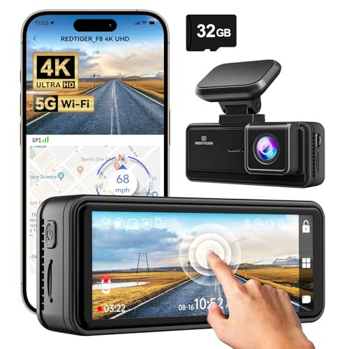 REDTIGER 4K Dash Cam Front, 5G Wi-Fi App Control, 3.18'' сенсорный экран Dash Camera для автомобилей, 2160P UHD ночное видение, карта 32 ГБ в комплекте, 160° широкий угол, встроенный GPS, режим парковки, циклическая запись (F8) - 1