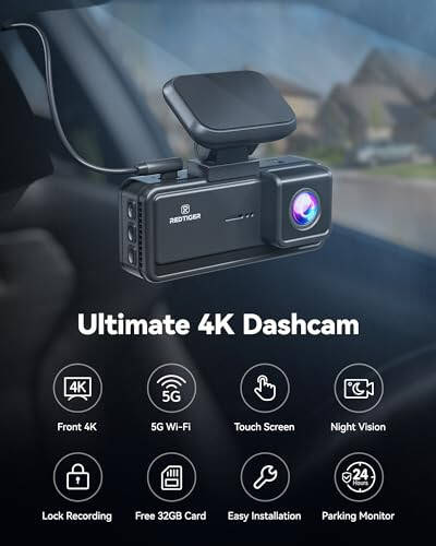 REDTIGER 4K Dash Cam Front, 5G Wi-Fi App Control, 3.18'' сенсорный экран Dash Camera для автомобилей, 2160P UHD ночное видение, карта 32 ГБ в комплекте, 160° широкий угол, встроенный GPS, режим парковки, циклическая запись (F8) - 2