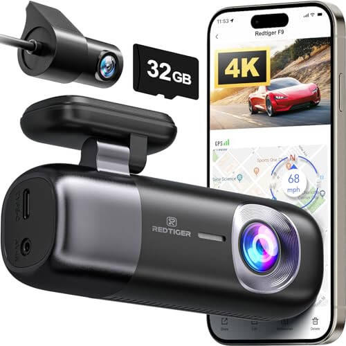 REDTIGER F9 Ön ve Arka 1080P 4K Dash Cam, 32GB Kartlı WiFi GPS Araç Kamerası, Çift Dash Kamera, Döngü Kaydı, Gece Görüşü, Park Modu, Akıllı Uygulama Kontrolü, Maksimum 256GB Destek - 1