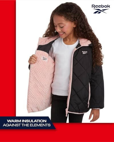 Reebok Girls' Reversible Puffer Jacket - Quilted Winter Coat with Snow Fleece Lining - Warm Hooded Jacket for Girls (7-16) - 6