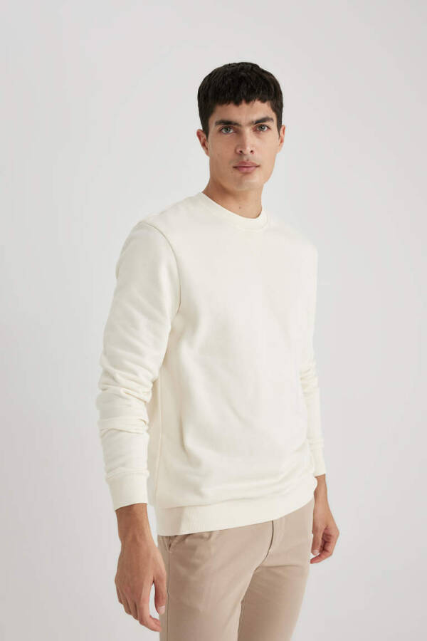 Regular Fit Bisiklet Yaka Basic Pamuklu Sweatshirt Ekru - 3