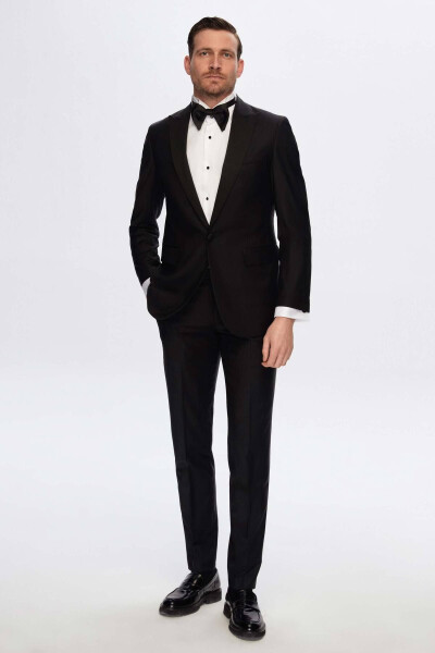 Regular Fit Black Plain Bi Stretch Lycra & Tuxedo Suit - 8