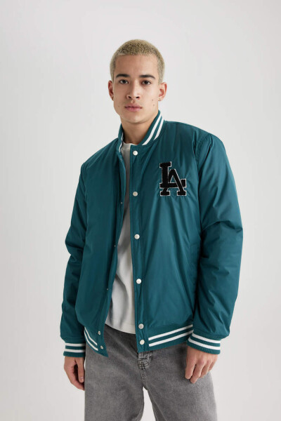 Regular Fit College Neck Bomber Jacket Dark Green - 1