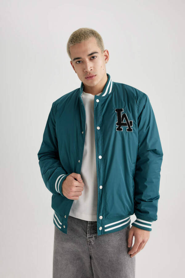 Regular Fit College Neck Bomber Jacket Dark Green - 3