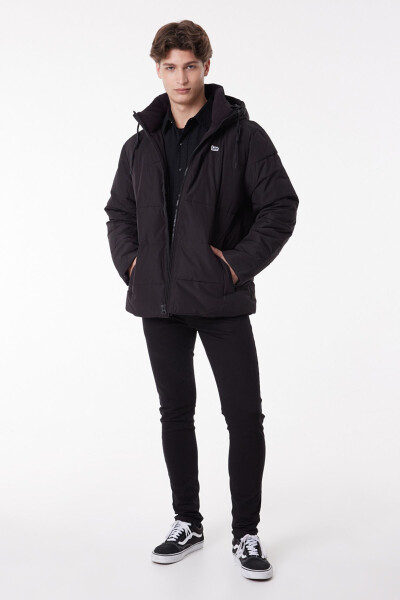 Regular Fit Hooded Black Puffer Jacket - 1